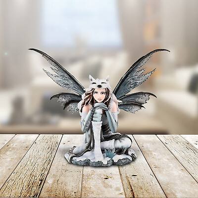 #ad 18quot;W White Fairy Sitting with Wolf Cap Statue Fantasy Figurine Room Decor $101.18