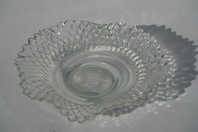 #ad Vintage Diamond Point Pattern Round Ruffled Edge Glass Dish $4.00