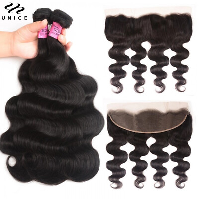 #ad Malaysian Body Wave Bundles Human Hair Extensions with 13X4 Lace Frontal Closure $261.00