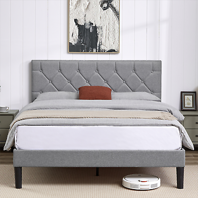 #ad Twin Full Queen Bed Frame w Tufted Headboard Platform Bed Wooden Slat Support $125.96