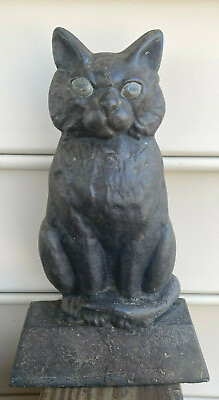 #ad Antique HEAVY Cast Iron Sitting Black Cat Feline Kitty Animal Figure Door Stop $499.95