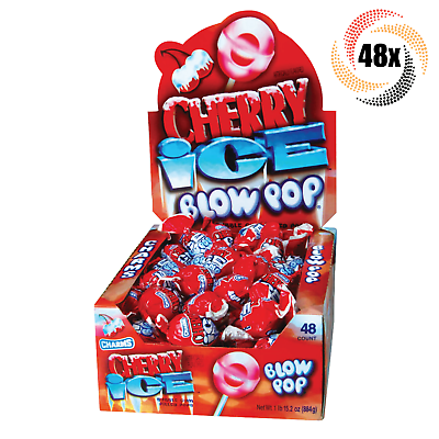 #ad Full Box 48x Pops Charms Cherry Ice Bubble Gum Filled Blow Pops Lollipop .65oz $21.31