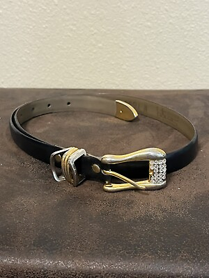 #ad Vintage Simon Black Gold Jewels Genuine Leather Belt Womens Size Medium $17.99