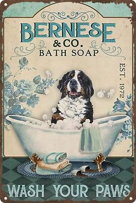#ad Funny BathroomTin Sign Bernese Mountain Dog Bath Soap Wash your paws Vintage... $19.94
