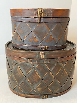 #ad Set 2 nesting baskets wood and bamboo palm leaf ? storage decor $5.55