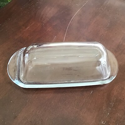 #ad CLEAR GLASS CLASSIC BUTTER DISH Modern Farmhouse Minimalist Rounded Handles EUC $16.79