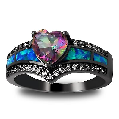 #ad Black Engagement Ring for Women Mystic Topaz CZ Heart Promise Ring Gift for ... $16.99
