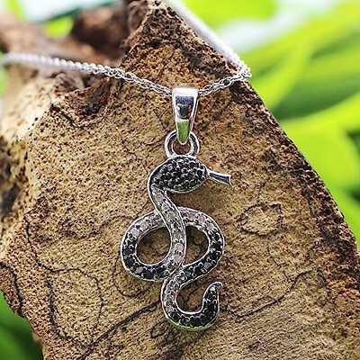 #ad 1 10ct Black amp; White Real Diamond Snake Pendant 18quot; Necklace in Sterling Silver $74.51