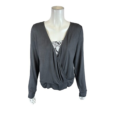 #ad Belle by Kim Gravel Brushed Knit Cross Over Top w Snake Inset Graphite Small Sz $79.99