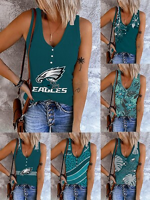 Philadelphia Eagles Womens V Neck Tank Tops Button Sleeveless Loose Cami Shirts $16.14