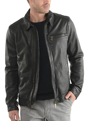 #ad New Leather Jacket Mens Biker Motorcycle Real Leather Coat Slim Fit Black #1108 $118.00