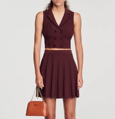 #ad Sandro Suit Collar Knit Tank Top A line Pleated Mini Skirt Suit for Women $187.06