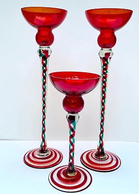 #ad 3 Tall Red Green Clear Handblown Polish Crystal Art Glass Candle Stick Holders $175.00