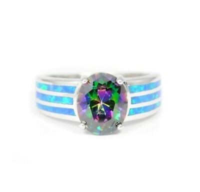 #ad 925 Sterling Silver Synthetic Opal Ring Inlay Mystic Rainbow Topaz Oval $34.99