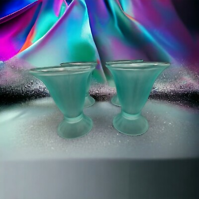 #ad Teal Libbey Set Of 4 Frosted Tulip Parfait IceCream Sundae Footed Glasses Rare $39.38