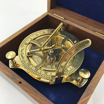 Nautical Antique Brass Sundial Compass Stunning 4quot; w Teak Wood Display Box $19.98