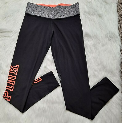 #ad PINK Victorias Secret Small Reversible Black Melon Leggings Pink Spell Out $19.77