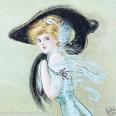 #ad Vintage Original 1909 LOVELY LADIES Victorian Stone Lithograph Print BLACK HAT $10.36