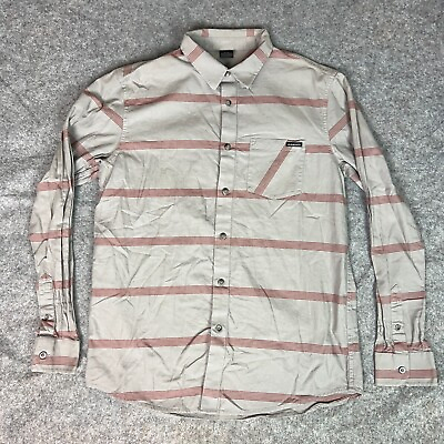 #ad Oakley Mens Shirt Medium Gray Red Striped Button Up Long Sleeve Casual Logo Top $17.08