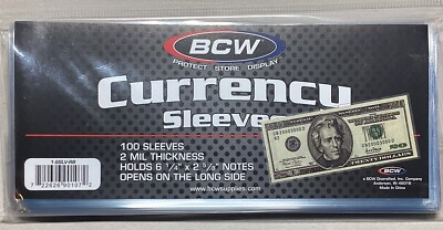 100 BCW Regular Currency 2 Mil Soft Poly Sleeves Holder Storage US Note Bill $5.70