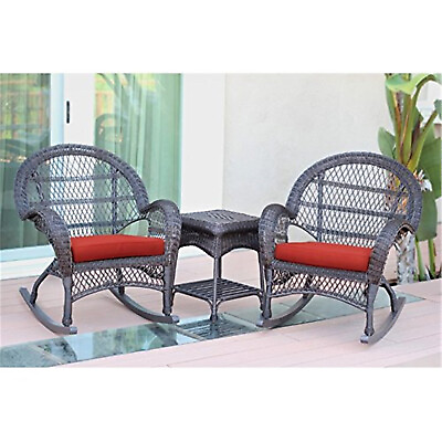 #ad 3pc Santa Maria Espresso Rocker Wicker Chair Set Red Cushions $445.19