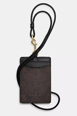 #ad NWT Coach ID Lanyard Card Holder In Signature Canvas Brown And Black 63274 $36.90