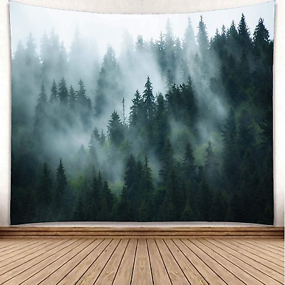 #ad Misty Forest Tapestry Foggy Tree Wall Hanging Small Tapestries Nature Pine Wood $22.36