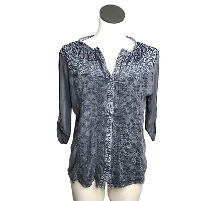 #ad Vintage America Blues Shirt Womens Missy Large Gray Button Up 3 4 Sleeves Embroi $33.47