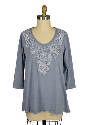 CAITE Handmade Floral Embroidered Blue 3 4 Sleeve Tunic Top Size Medium $31.20