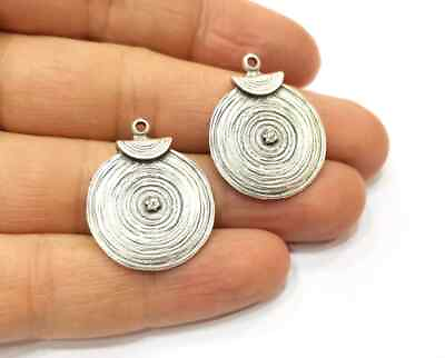 2 Organic Round Shape Antique Silver Plated Charms jewelry accessories $1.25