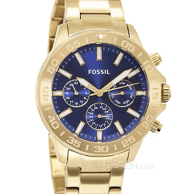 #ad FOSSIL Bannon Mens Gold Multifunction Watch Blue Dial Date Stainless Steel Band $75.90