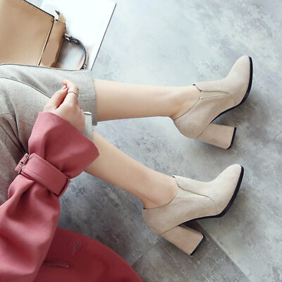 #ad Womens Block High Heel Pointed Toe Casual Slip On Bootie Pumps Party Work Shoes $66.68