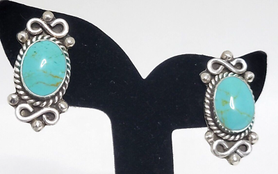 #ad Vintage Turquoise Stud Earrings 925 Sterling Silver Mexico 1.25quot; x .5quot; 12.6 gram $37.83