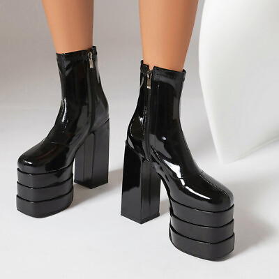 #ad Womens Block High Heel Square Toe Punk Boots Casual Pull On Ankle Boots Platform $85.40