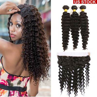 #ad Human Hair 3Bundles with Lace Closure 4×4 and 13*4 Lace Frontal Deep Wave Hair $185.99