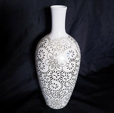 #ad #ad 14in Tall White Ceramic Vase Silver Colored Floral Painted Transferred Design $30.24