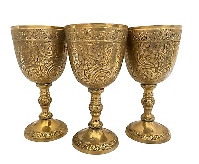 #ad 3 Vintage Embossed Gothic Medieval Brass Royal Chalice Heavy Wine Goblets 6” T $75.99