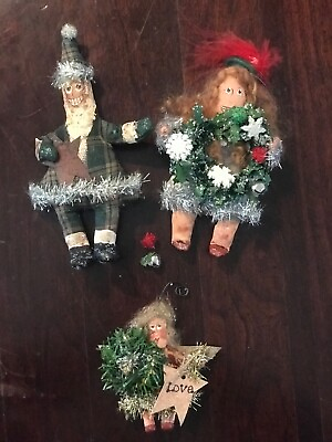 #ad Primitive Christmas Ornaments Paper Mache Metal Plastic Accents 3 Piece Set $18.99