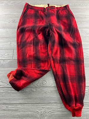 #ad Vintage Bullseye Bill Wool Hunting Pants Mens Red Plaid Ankle Jogger Style $35.99