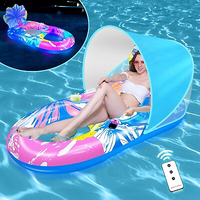 #ad Inflatable Pool Float Lounger Adult with CanopyLight up Pool Floaties Lounge $37.99
