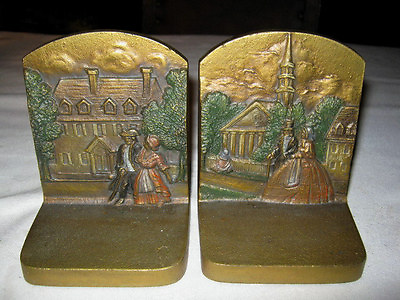 #ad ANTIQUE BRADLEY HUBBARD MAN LADY TOWN ART PAINTING CAST IRON STATUE BOOKENDS $1095.00