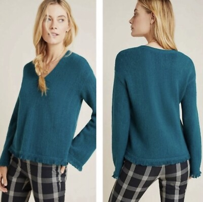 #ad Anthropologie Joy Fringed V Neck Sweater Dark Turquoise Teal Sz M NEW $120 $69.00