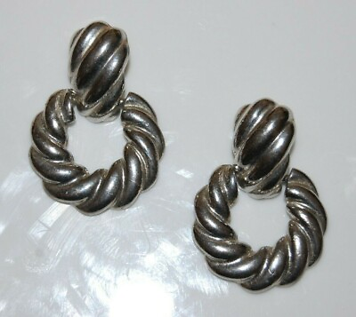#ad ELEGANT VTG 80#x27;S COUTURE SILVER TONED RIBBED ROUND DOORKNOCKERS PIERCED EARRINGS $22.75