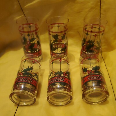 #ad Vintage Coca Cola Holiday Style Stained 16oz Drinking Glass Tumblers Set of 6 $55.96