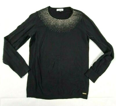 #ad Calvin Klein Atlantis Black Pique Neck Studded Sweater Women#x27;s Size M Medium $24.95