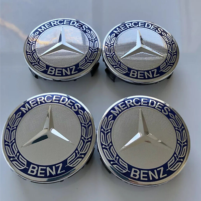 #ad SET OF 4 Mercedes Benz 75MM Classic Dark Blue Wheel Center Hub Caps AMG Wreath $10.63