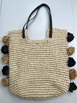 #ad Capelli Straw Pom Pom Tote Beige Multi Large Magnet Snap Lined Vacation Bag $25.00