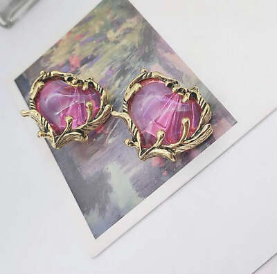#ad Vintage 1 1 4quot; clip on gold vine edge purple stone heart earrings $16.24
