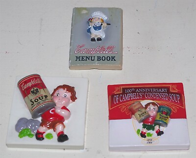 #ad 3 CAMPBELL#x27;S MAGNETS MENU BOOK100YRS CONDENSED SOUP BOY TOMATO SOUP CAN USED $6.95