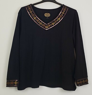 #ad Grand Ole Opry Womens Top Size 3X Bling Black Pullover Long Sleeve Stretch $19.97